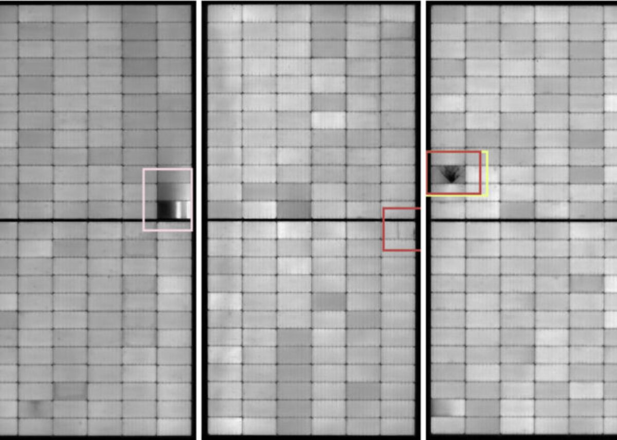 EL scans of three solar modules with highlighted defect regions