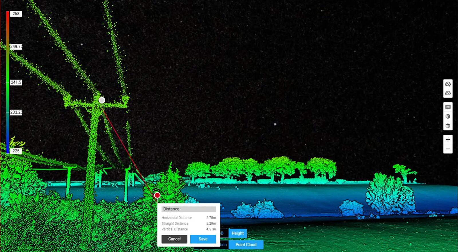 Point cloud software measuring vertical clearance between conductor and vegetation