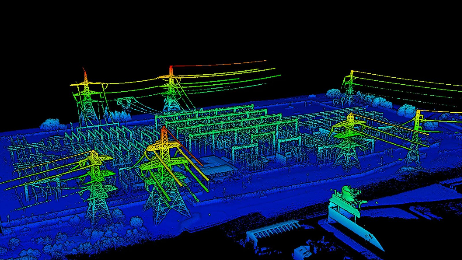Coloured LiDAR point cloud of a substation and transmission towers