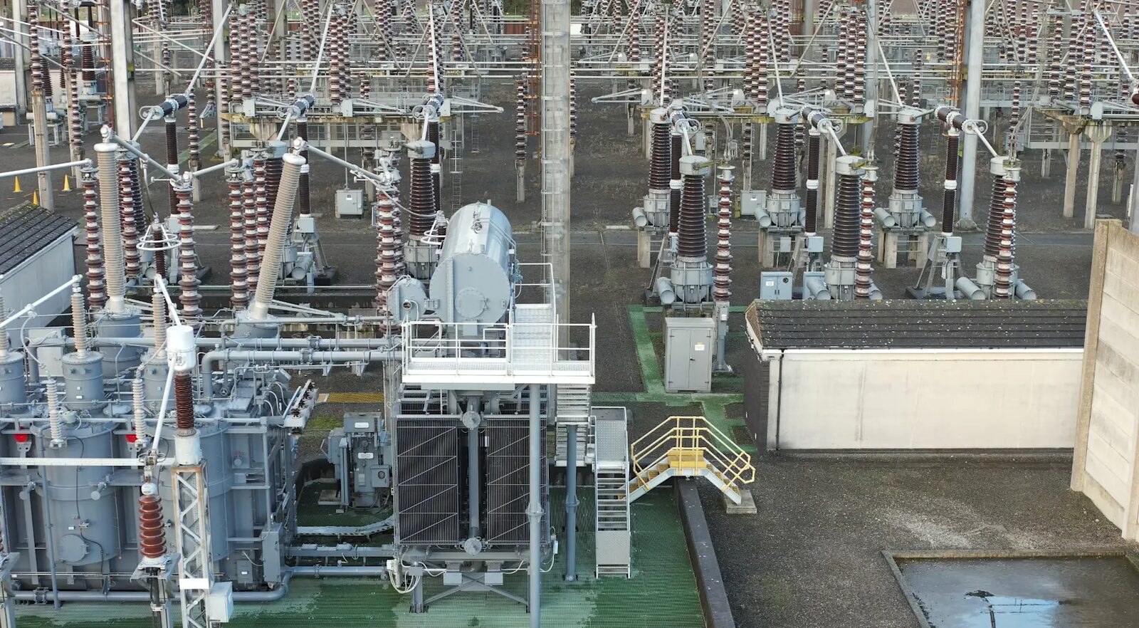 High-resolution aerial RGB view of substation transformers and switchgear