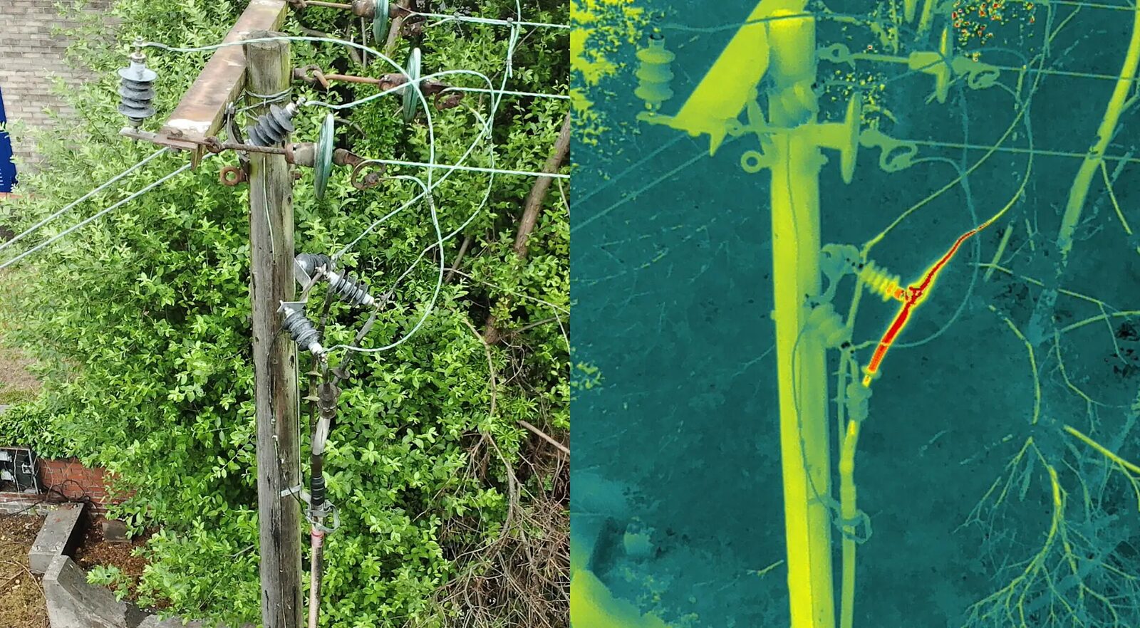 RGB and thermal comparison revealing an overheating connection on a distribution pole