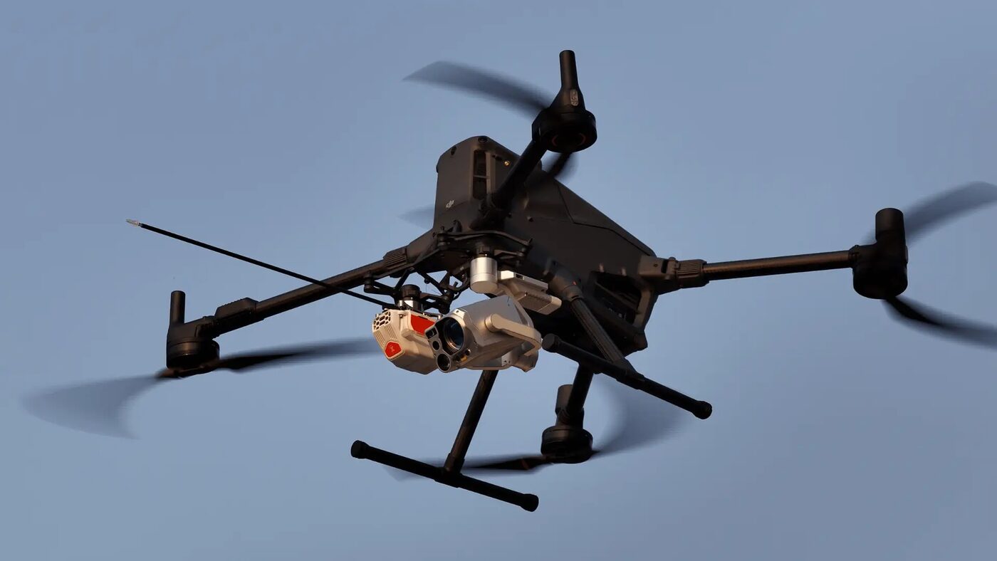 Enterprise drone carrying an atmospheric research payload at dusk