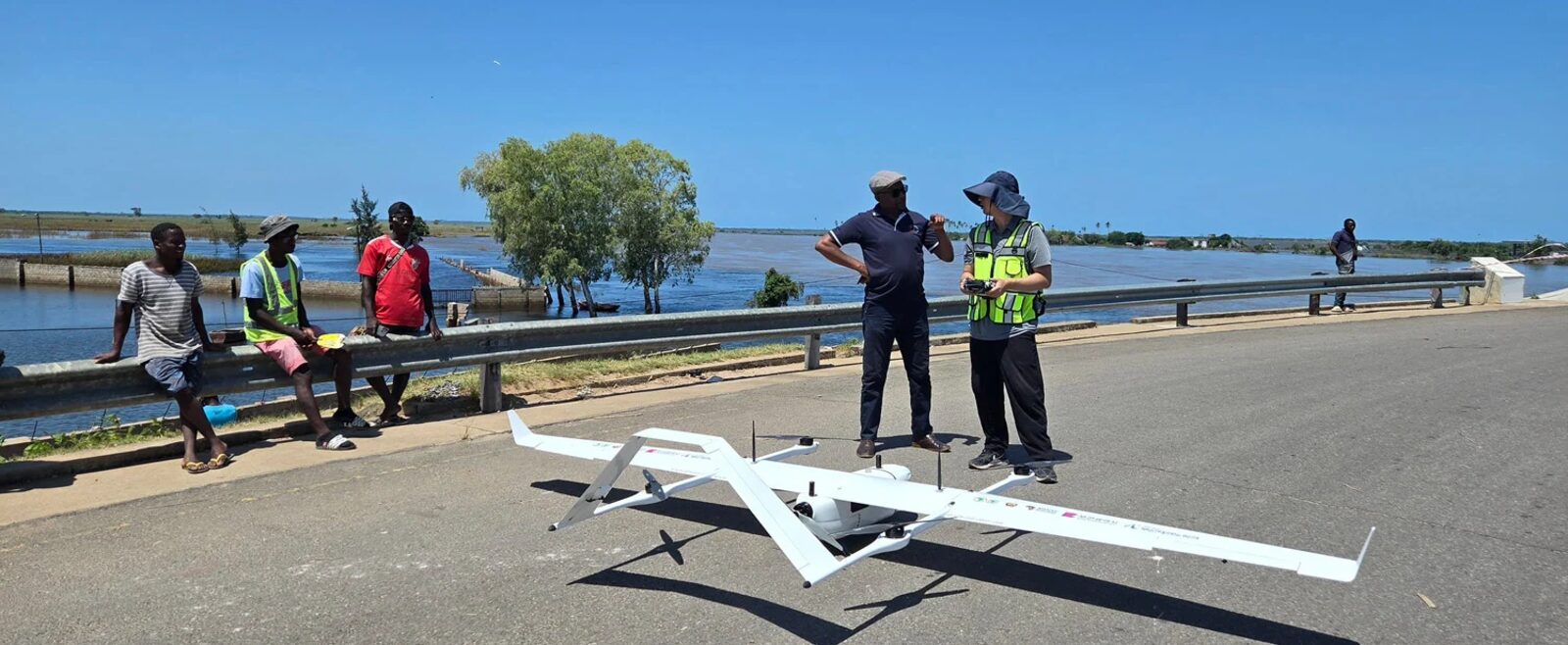 VTOL fixed-wing survey aircraft deployed at a flooded river crossing