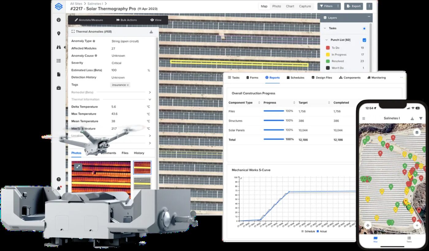Solar thermography analysis platform showing anomaly reports and site progress dashboards
